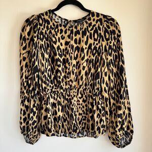 Banana Republic Peplum Leopard Print Tan Black Cinched Long Sleeve Sz XS